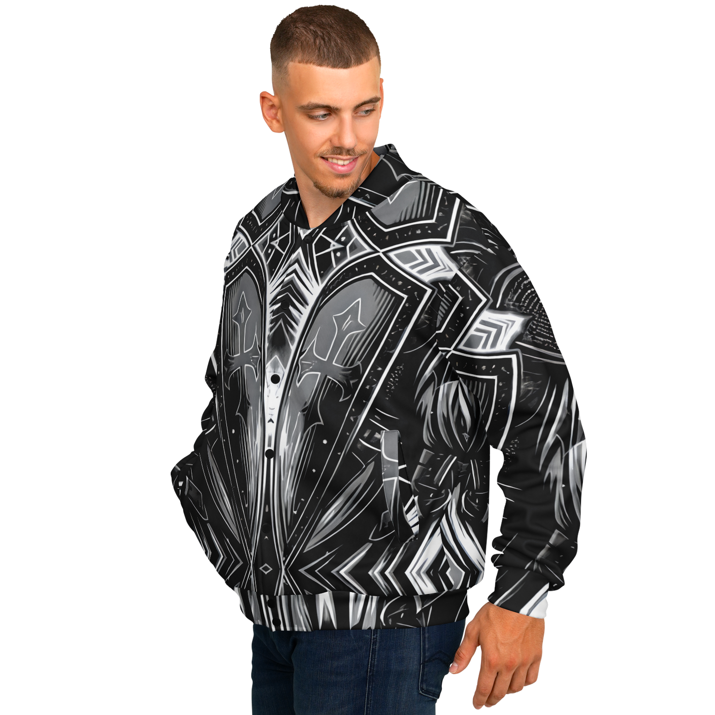 Men's Black & Silver Symmetry Pattern All-Over Print Baseball Jacket