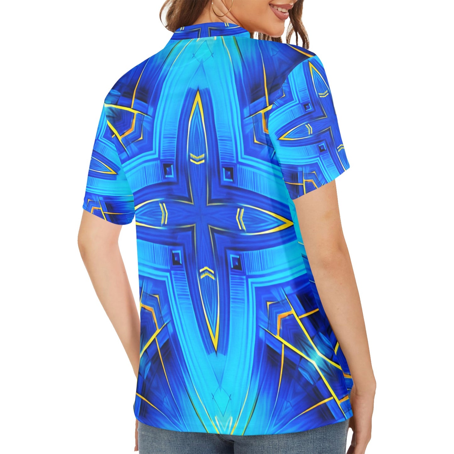 Women Vibrant Blue Geometric All-Over Print  Polo Shirt