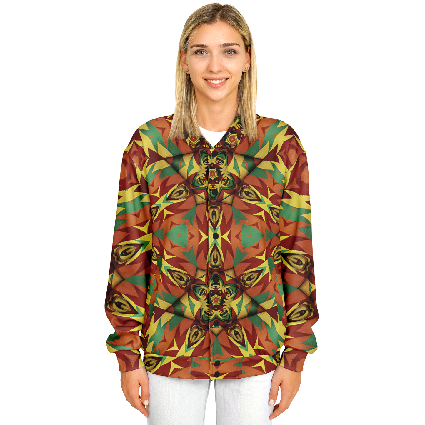 Women's Bold Tribal Kaleidoscope Pattern All Over Print Baseball Jacket