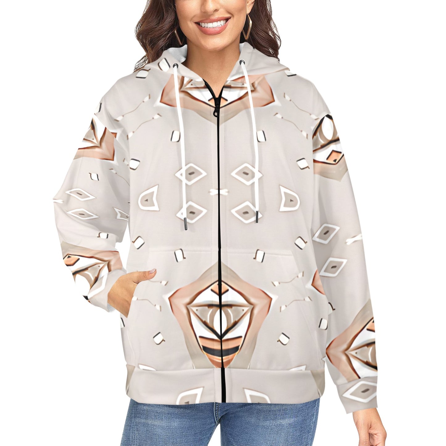 Women's Neutral Boho Graphic Pattern All-Over Print Fleece Full-Zip Hoodie