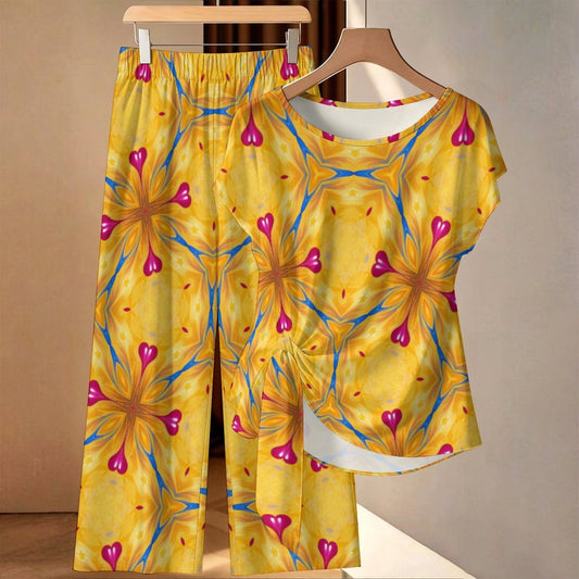Women's Yellow & Cross Red Heart Pop Pattern All Over Print Side-Tie Short Sleeve Top & Wide-Leg Pants Set