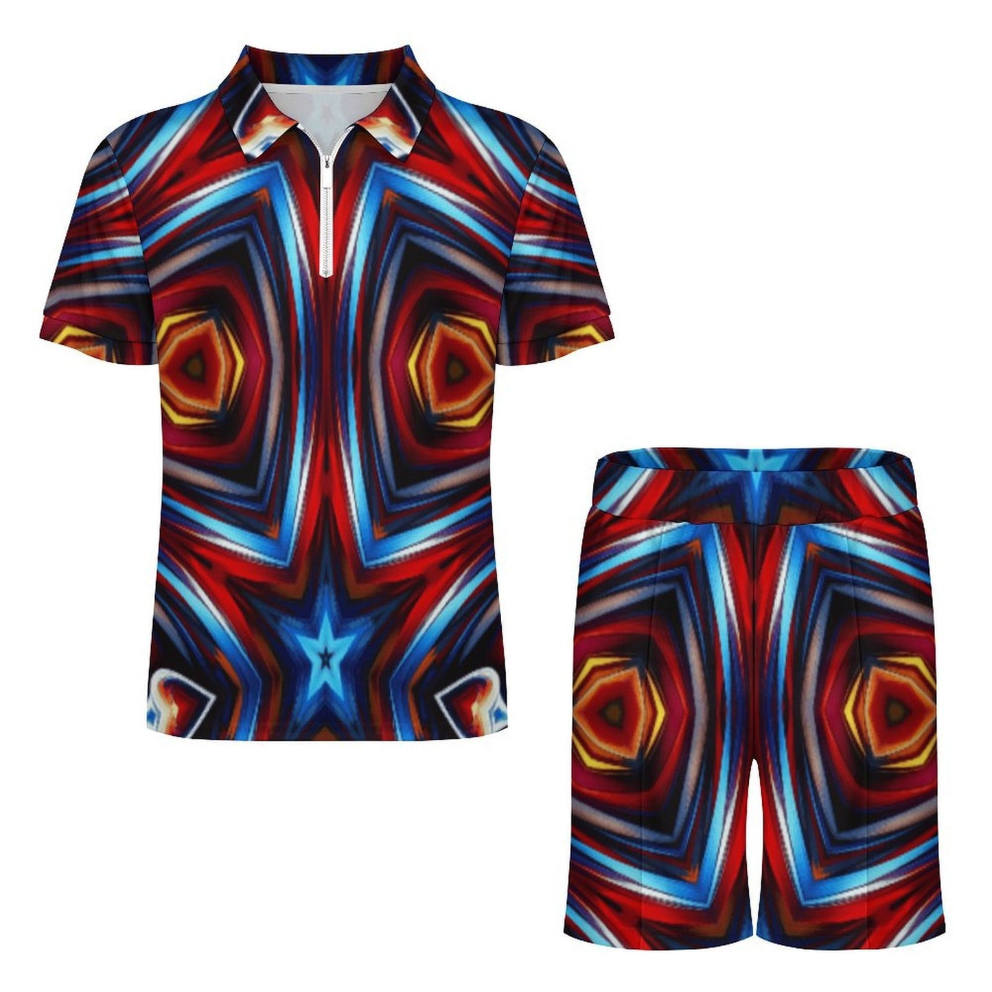 Men's Patriotic Red White Blue Geometric Zip-Up Polo Set
