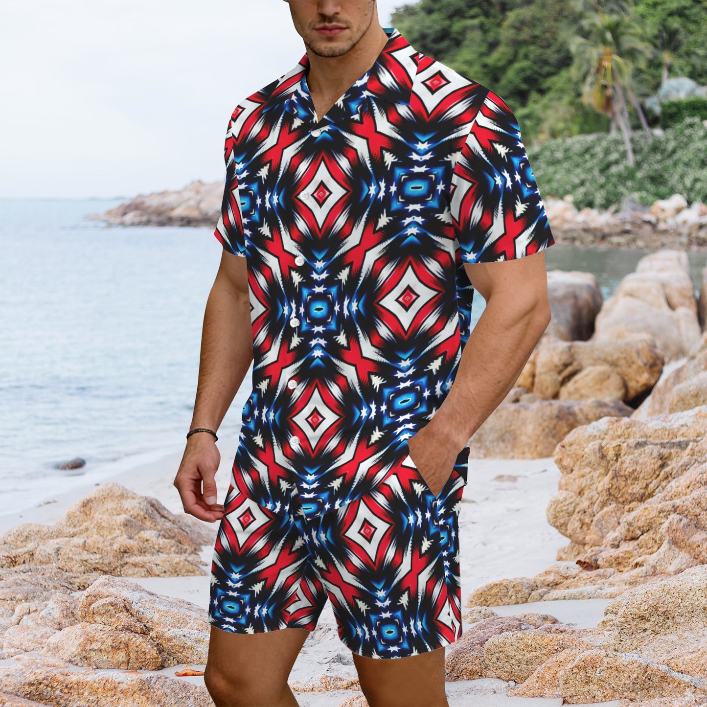 Men's Red White Blue Geometric Pattern All-Over Print Hawaiian Shirt & Shorts Set