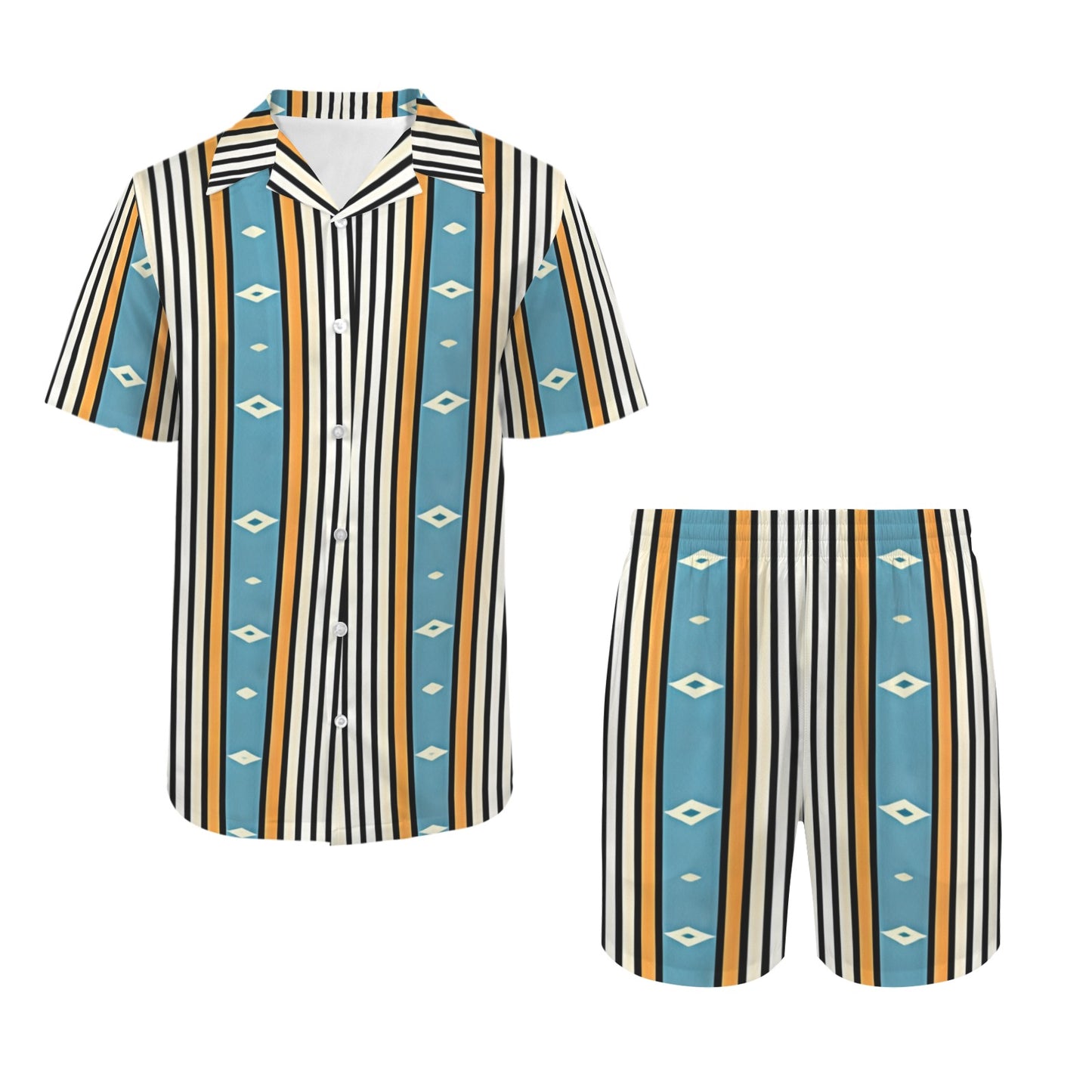 Men's Striped Retro Blue & Orange Patten All Over Print Hawaiian Shirt & Shorts Set