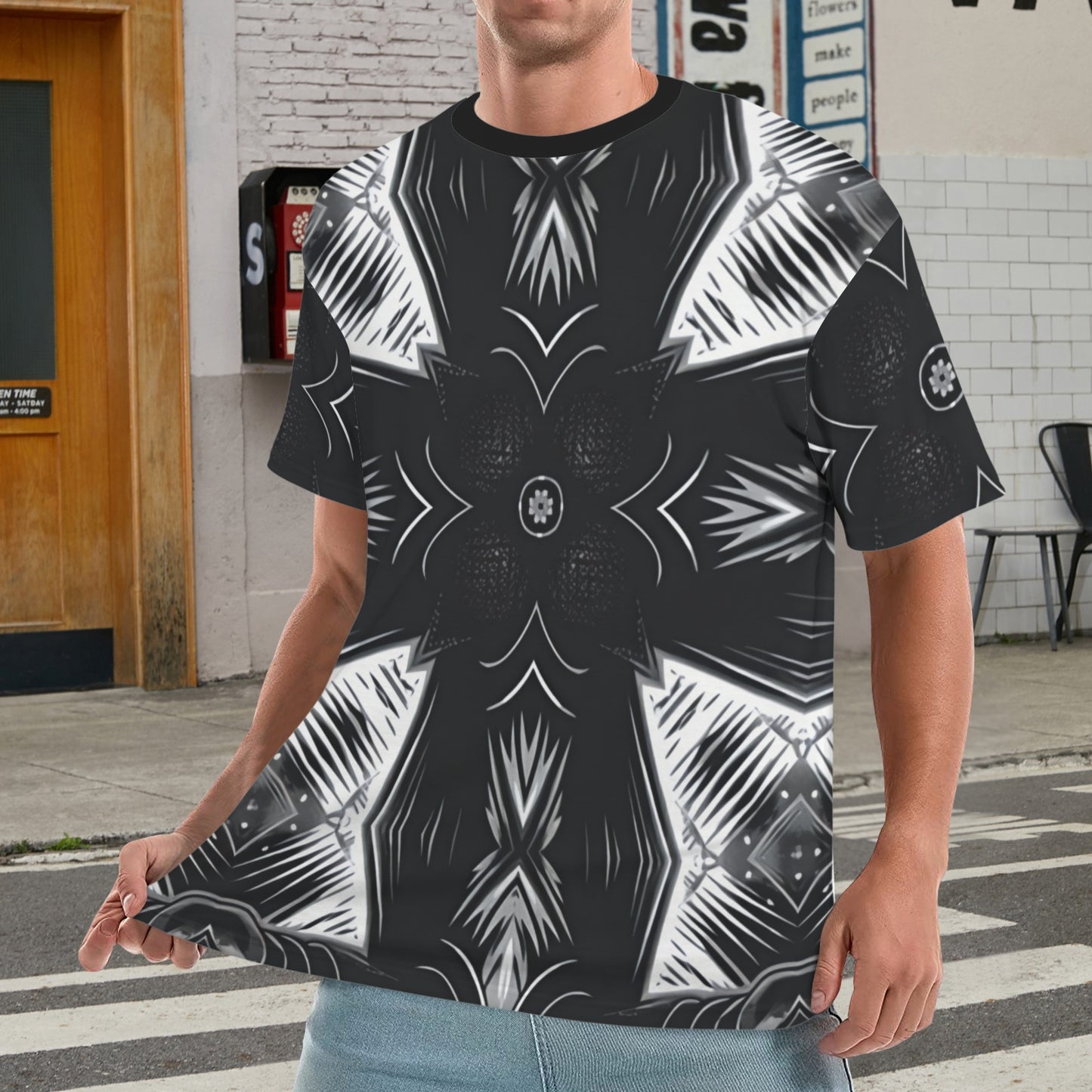 Men's Black & White Geometric Pattern All Over print All Over Print Ribbed Collar T-Shirt