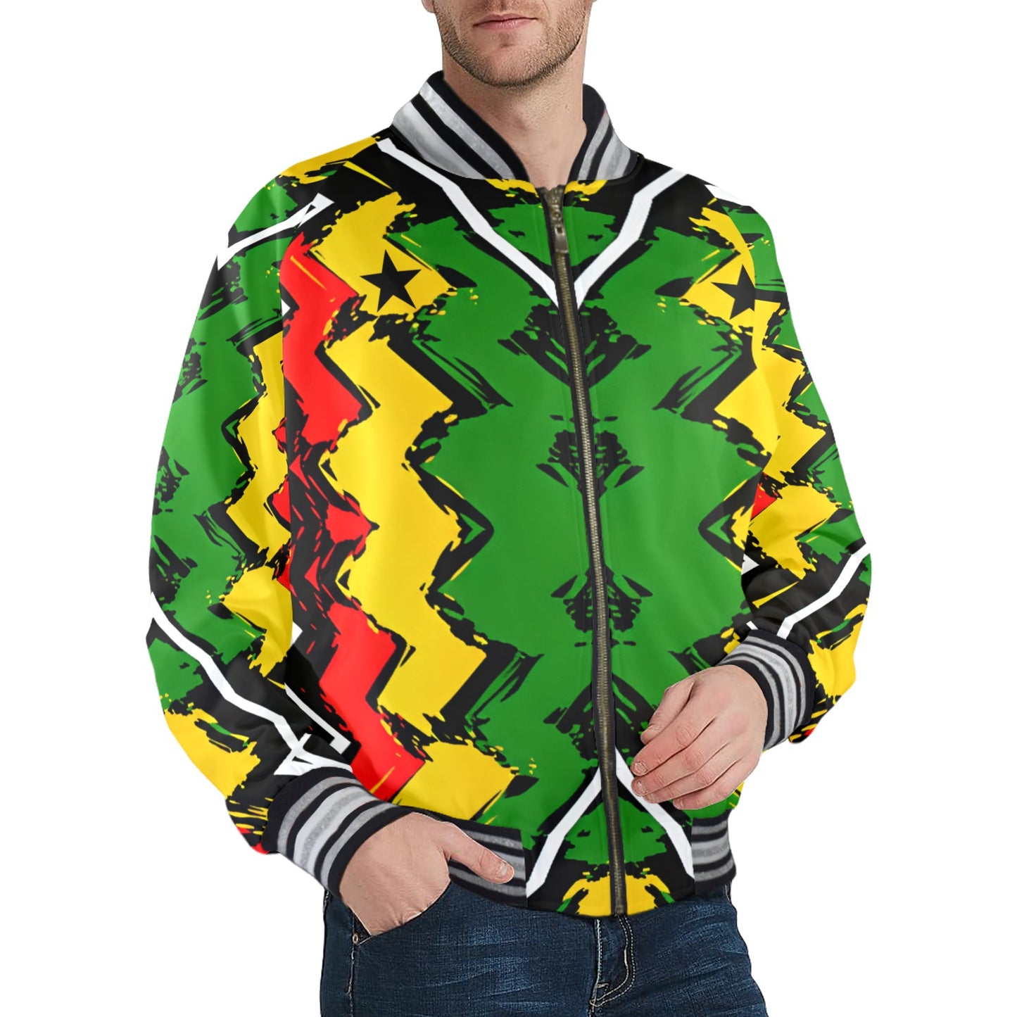 Men's Ghana Flag & Black Star Pattern All-Over Print Striped Trim Bomber Jacket