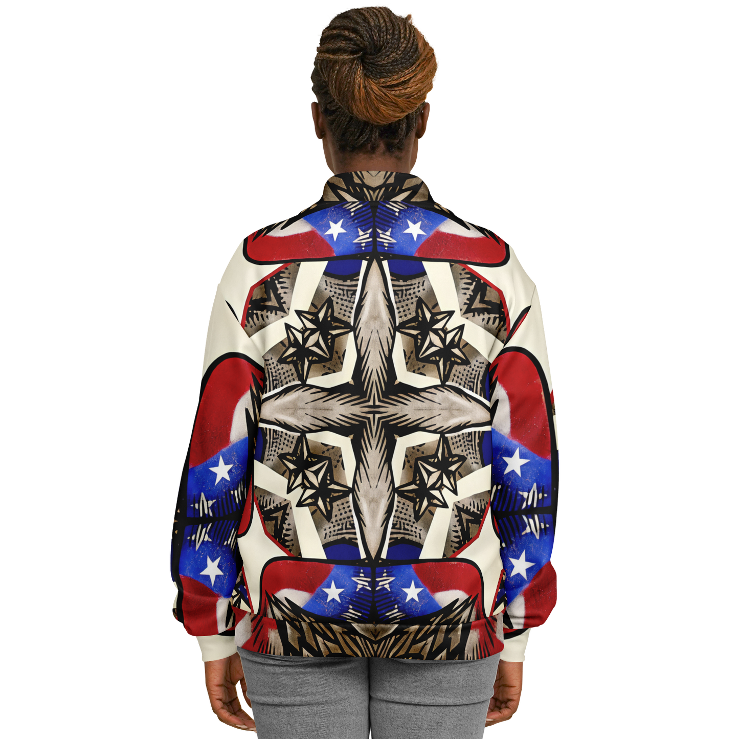Women's Patriotic Star Kaleidoscope Pattern All-Over Print Baseball Jacket