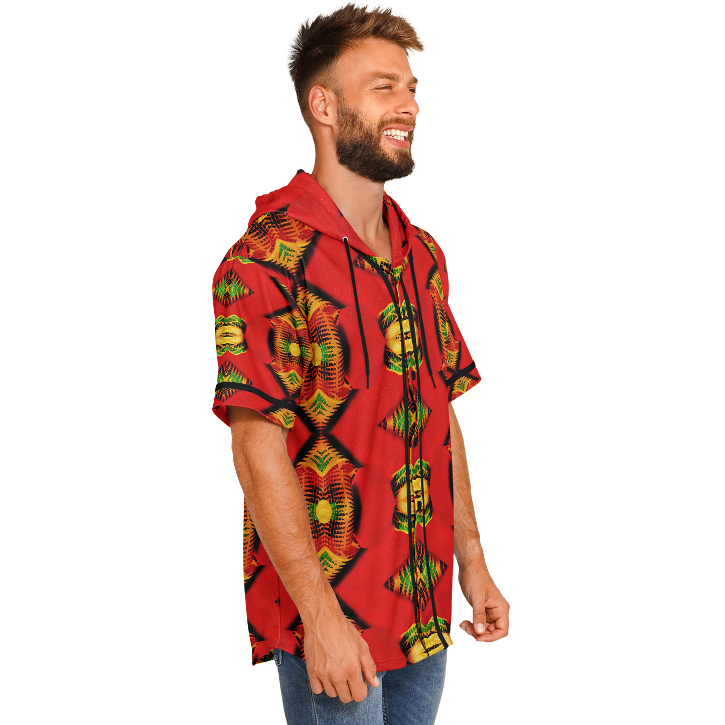 Men's Red Bold Tribal All-Over Print Hooded Baseball Jersey