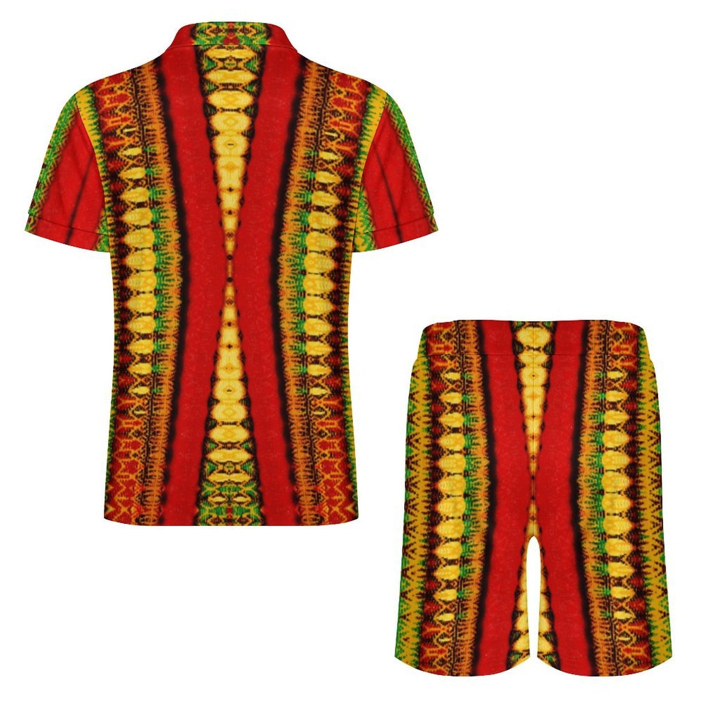 Men's Red Bold Tribal Pattern All-Over Print Zip-Up Polo Set