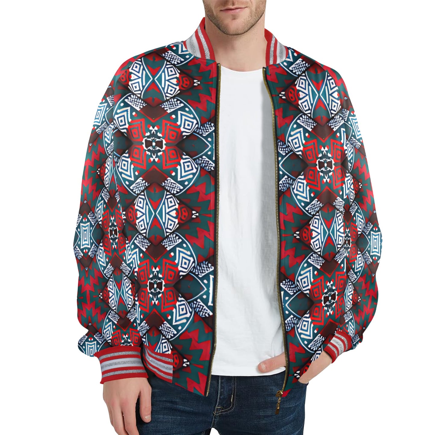 Men's Red, Green & White Teal Aztec Geo Pattern All-Over Print Striped Trim Bomber Jacket