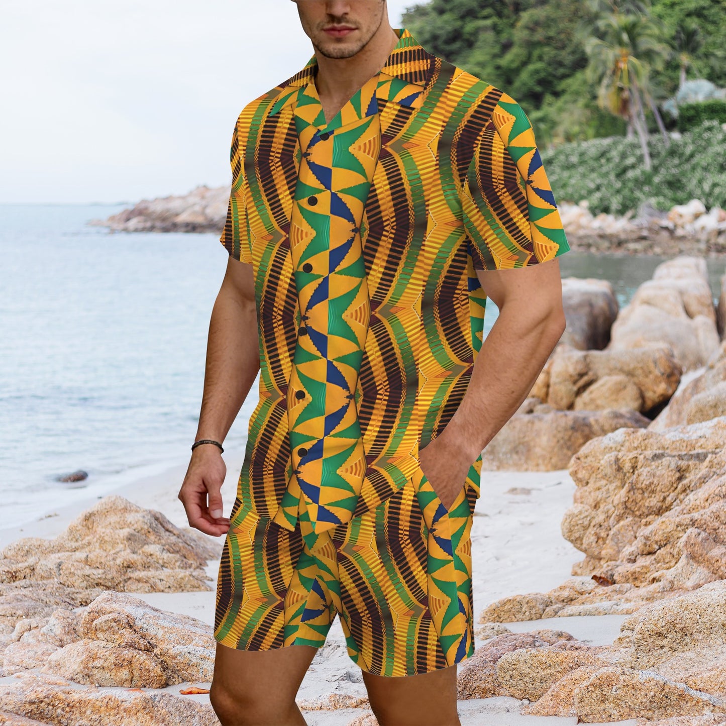 Men's African Kente Kaleidoscope Pattern All-Over Print Hawaiian Shirt & Shorts Set