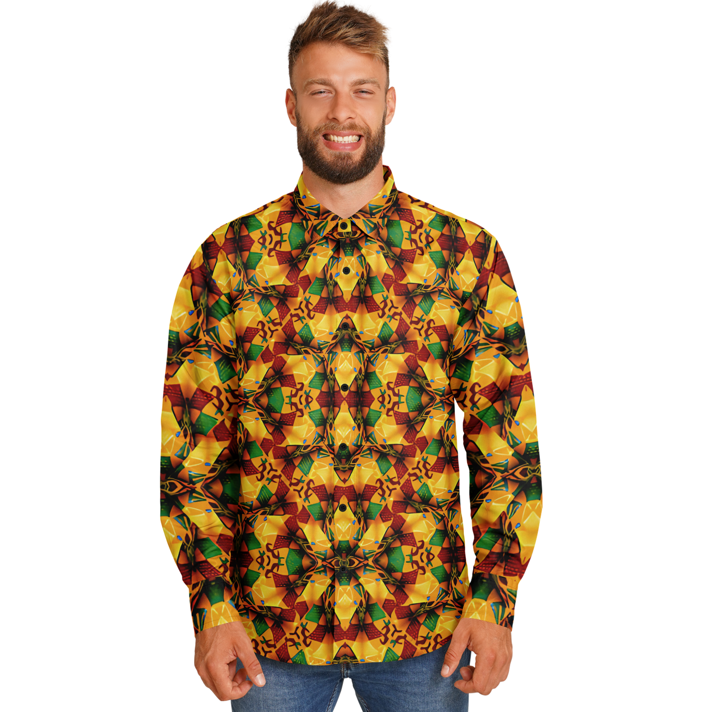 Men's Vibrant Autumn Kaleidoscope Pattern Spread Collar Long Sleeve Button-Down All Over Print Shirt.