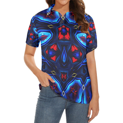 Women's Blue & Red Kaleidoscope Pattern All Over Print Polo Shirt