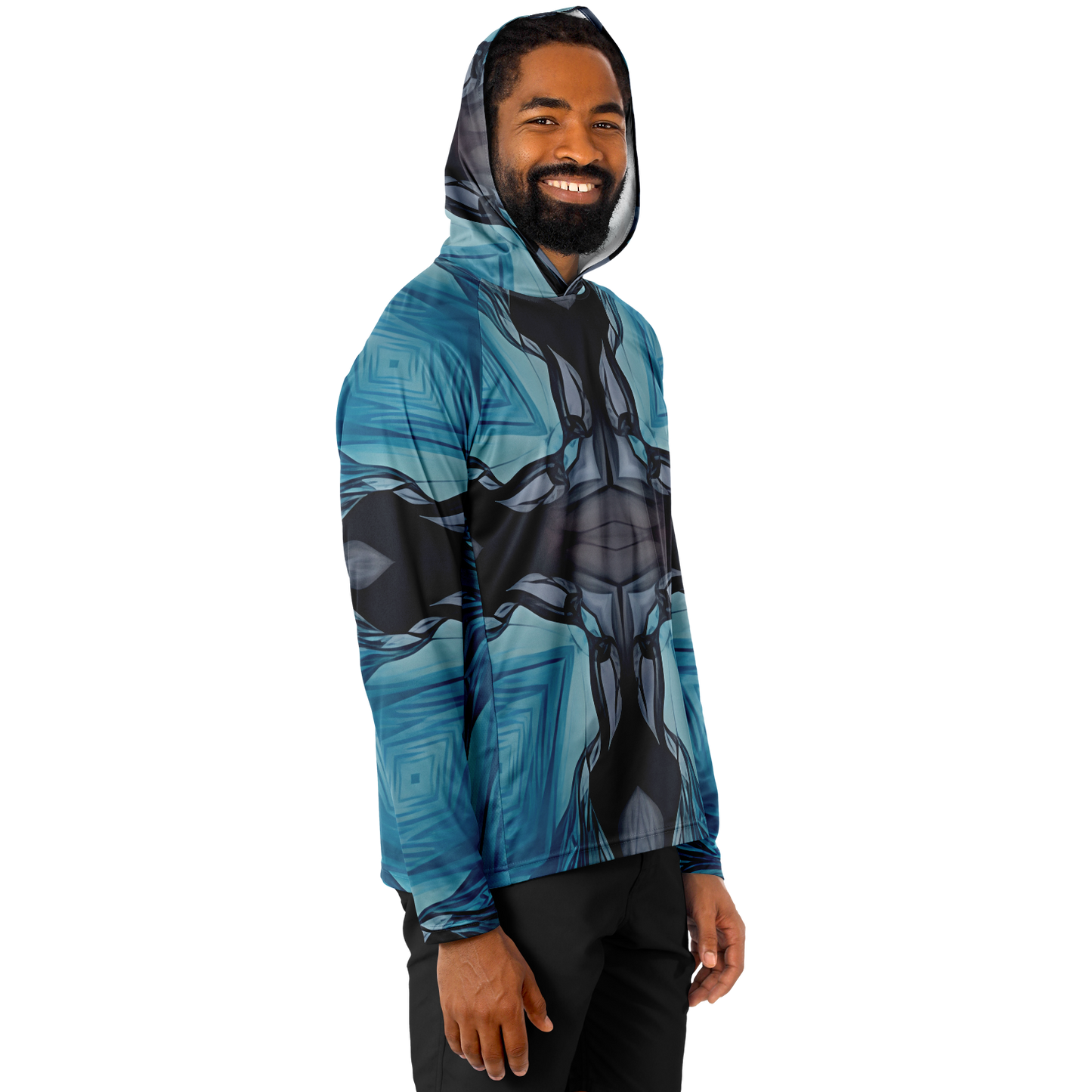 Men's Abstract Blue Geometric Design All Over Print Long Sleeve Hooded Performance Shirt