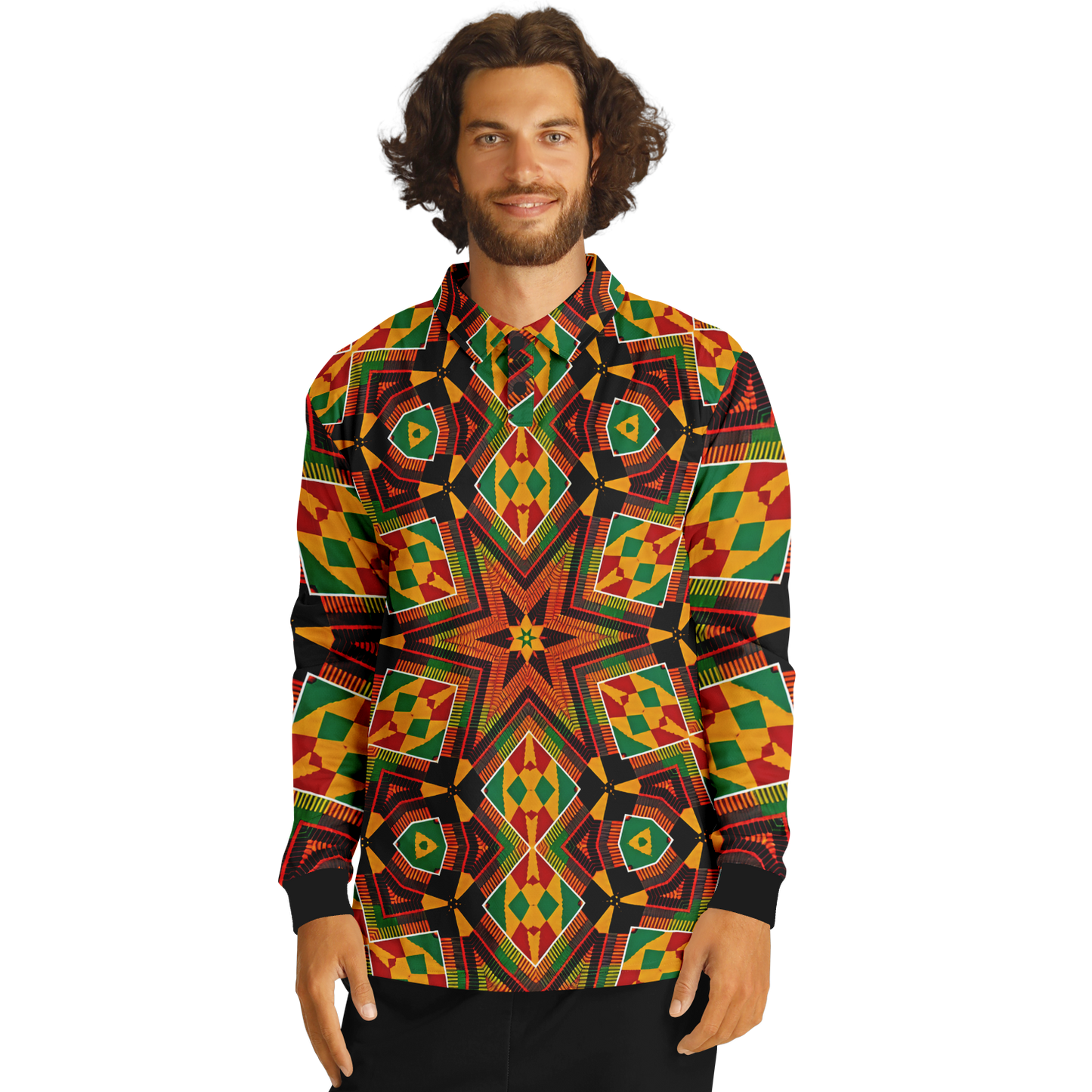 Men’s  African Kente Geometric Star Pattern All-Over Print Long Sleeve Polo Shirt