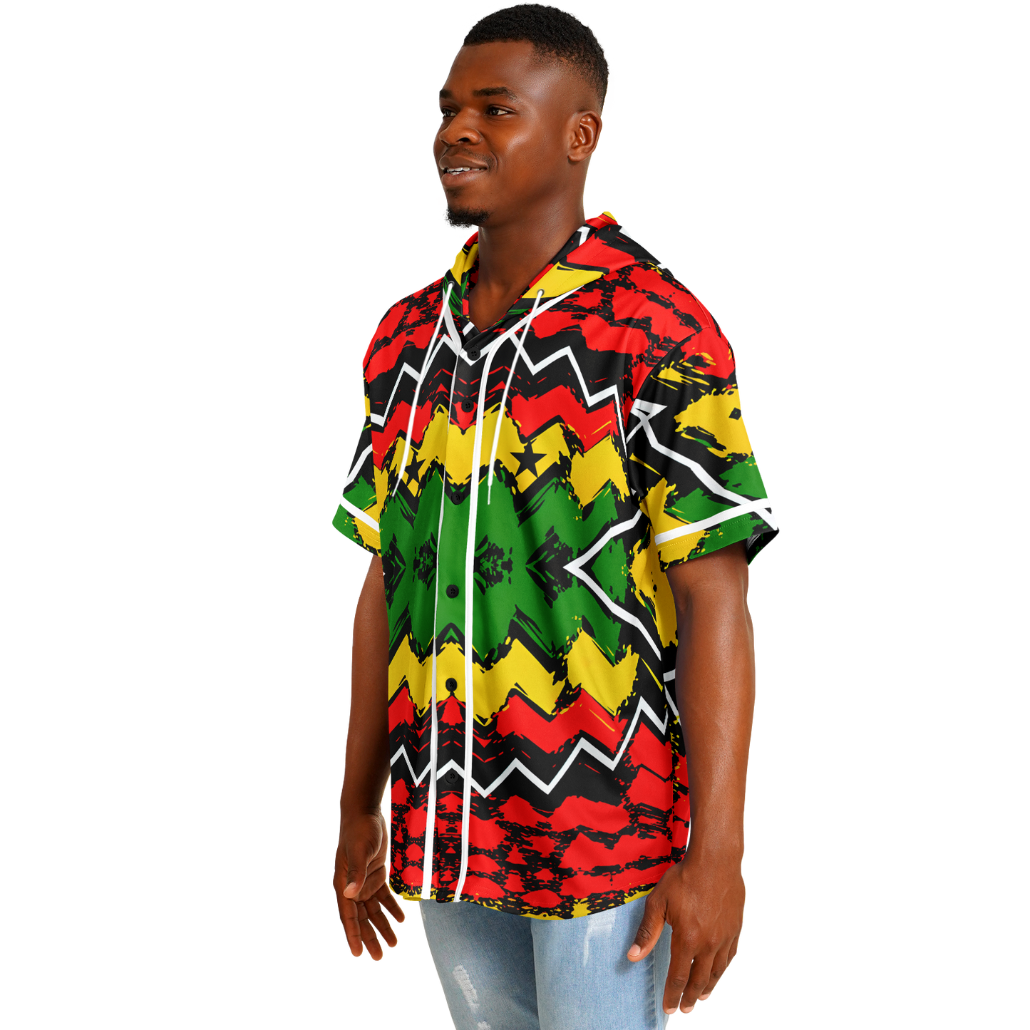 Men's Ghana Flag & Black Star Pattern All-Over Print Hooded Baseball Jersey