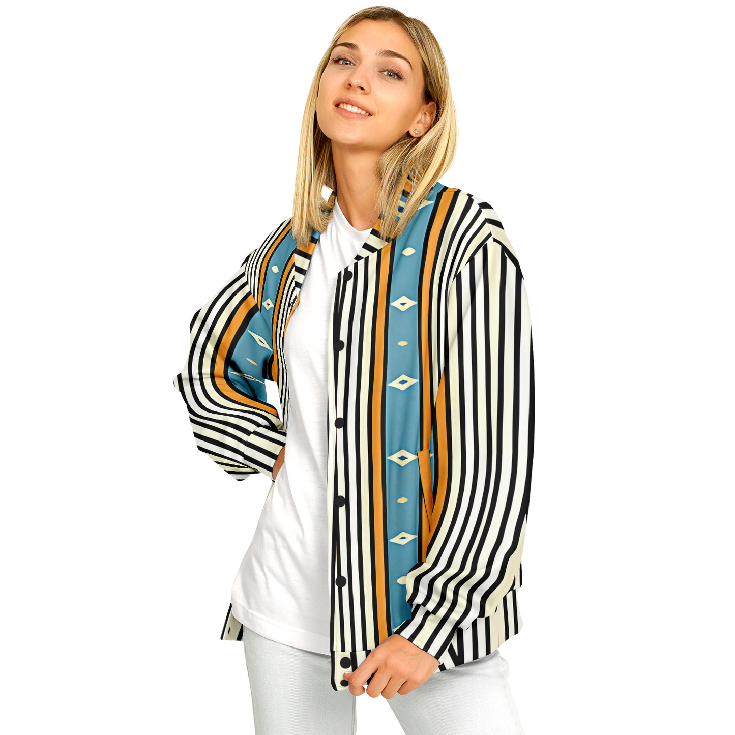 Women's Striped Retro Blue & Orange Patten All Over Print Baseball Jacket