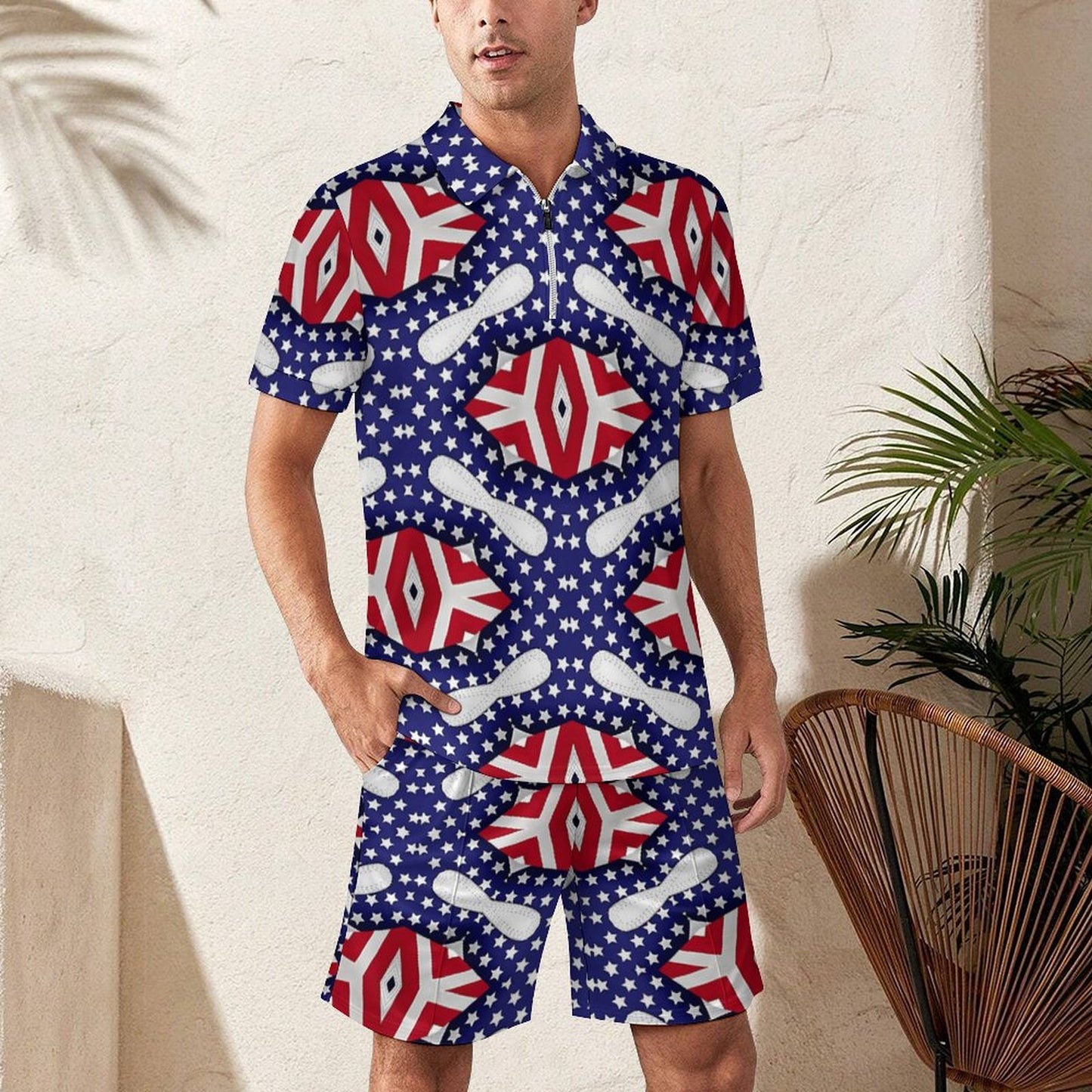 Men's Patriotic Stars & Stripes All Over Print Zip-Up Polo Set