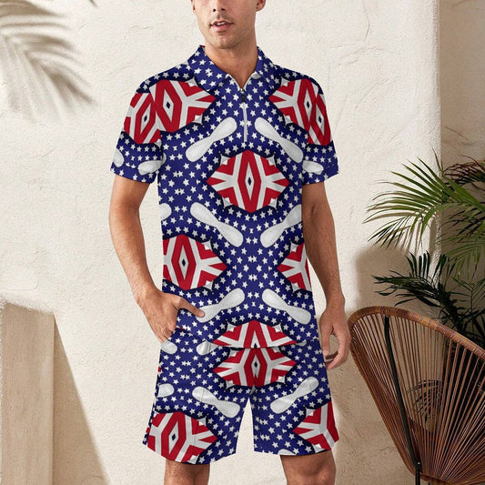Men's Patriotic Stars & Stripes All Over Print Zip-Up Polo Set