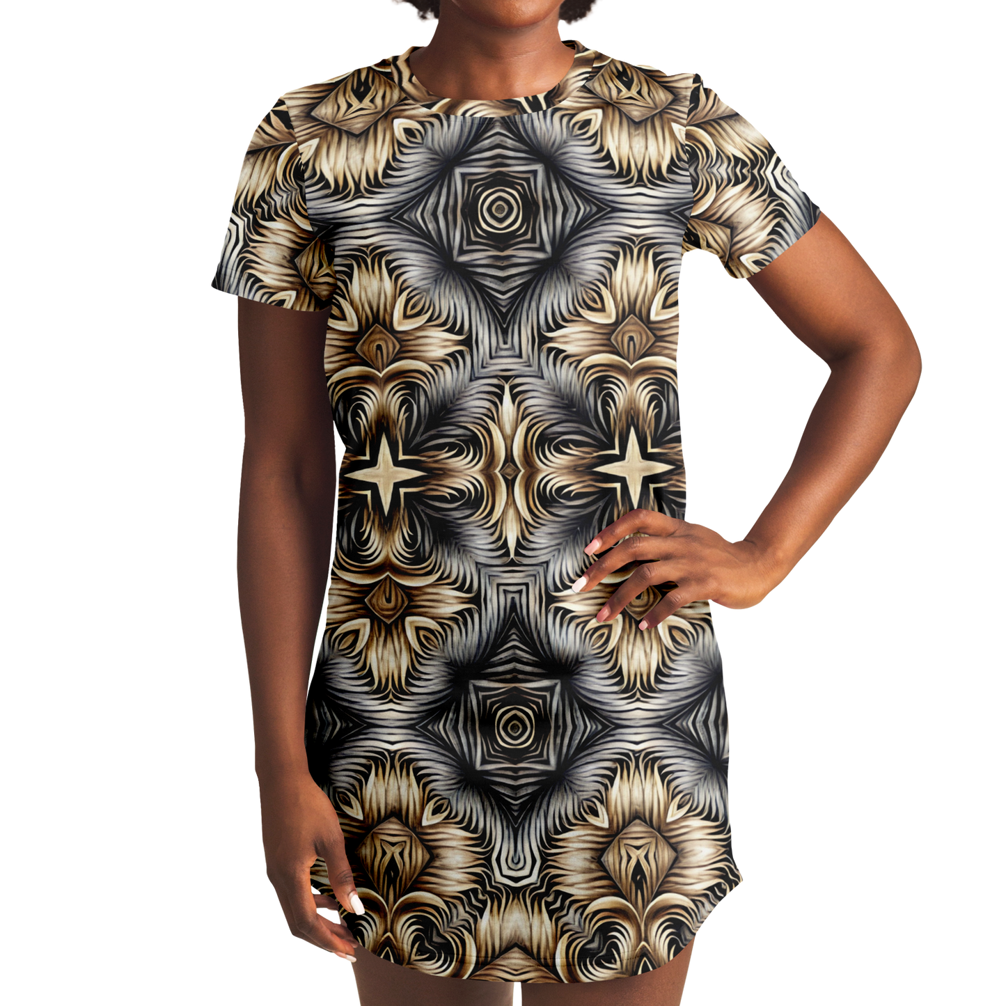 Women's Neutral Geometric Floral Pattern All Over print T-Shirt Dress