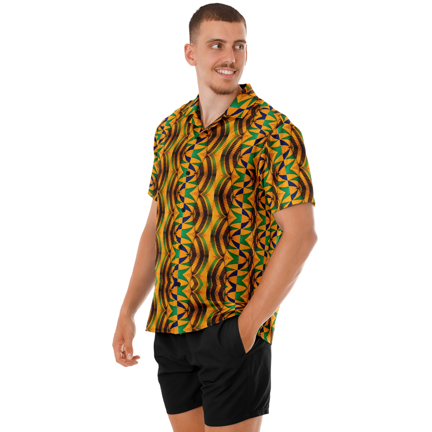 Men's African Kente Kaleidoscope Pattern All-Over Print Spread Collar Short Sleeve Button-Down Shirt