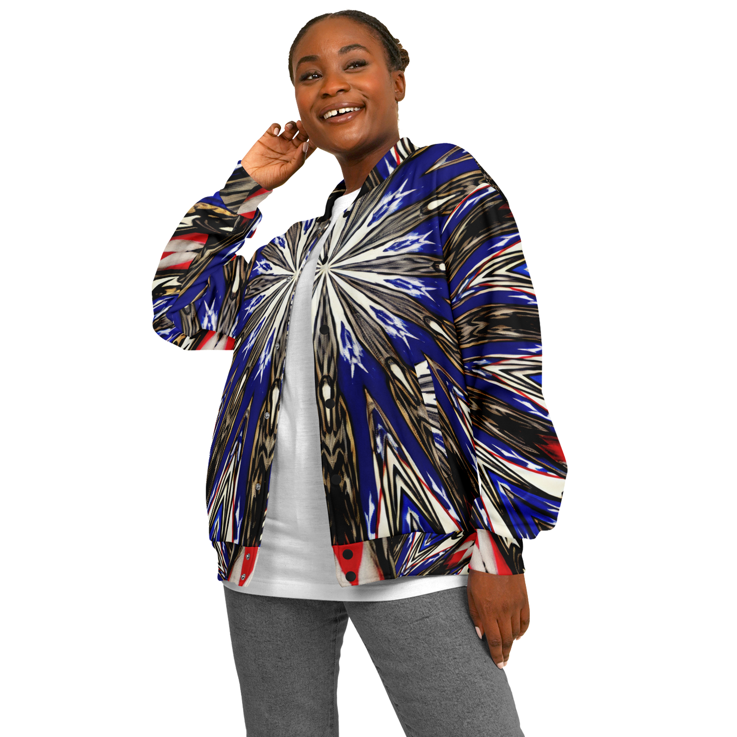 Women's Starburst Patriotic Colors Pattern All-Over-Print Baseball Jacket