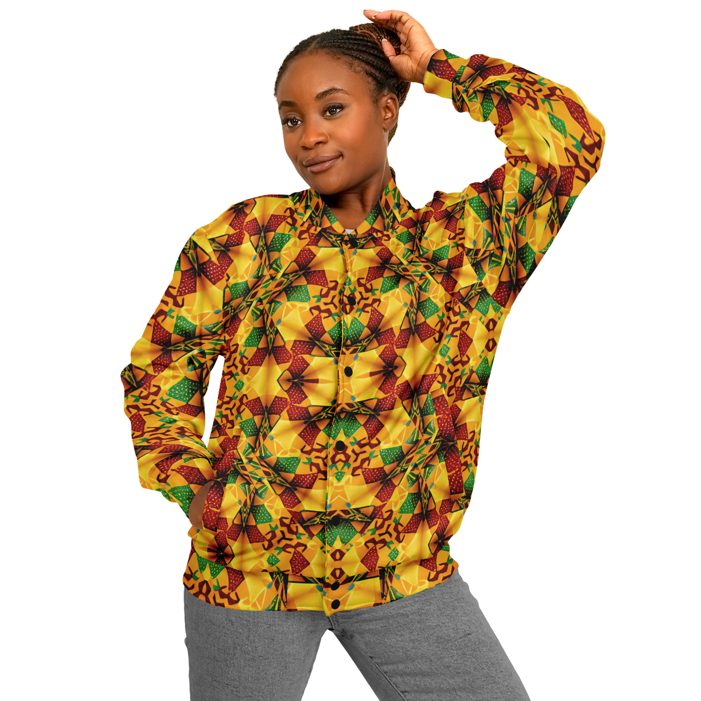 Women's Vibrant African Kente Geometric Pattern All Over Print Baseball Jacket