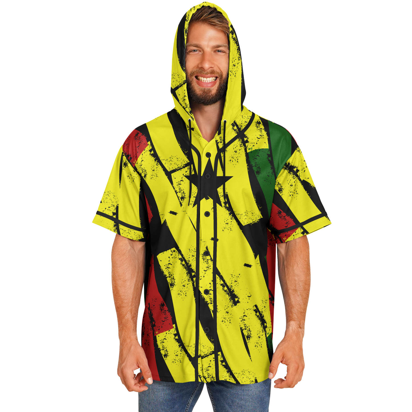 Men's Ghana Flag & Black Star Pattern All-Over Print Hooded Baseball Jersey