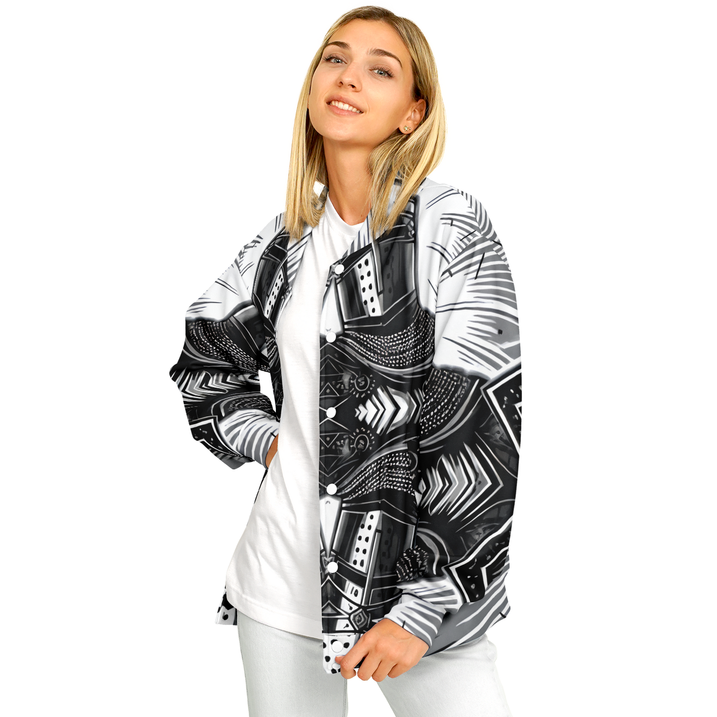 Women's Classic Black & White Geometric Pattern All Over Print Baseball Jacket