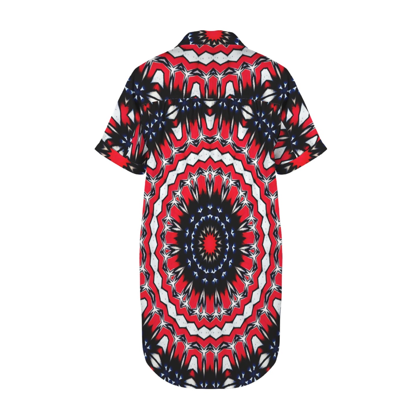 Women's Red, White & Blue Geometric Star Pattern All-Over Print Short Sleeve Button Front Shirt Dress