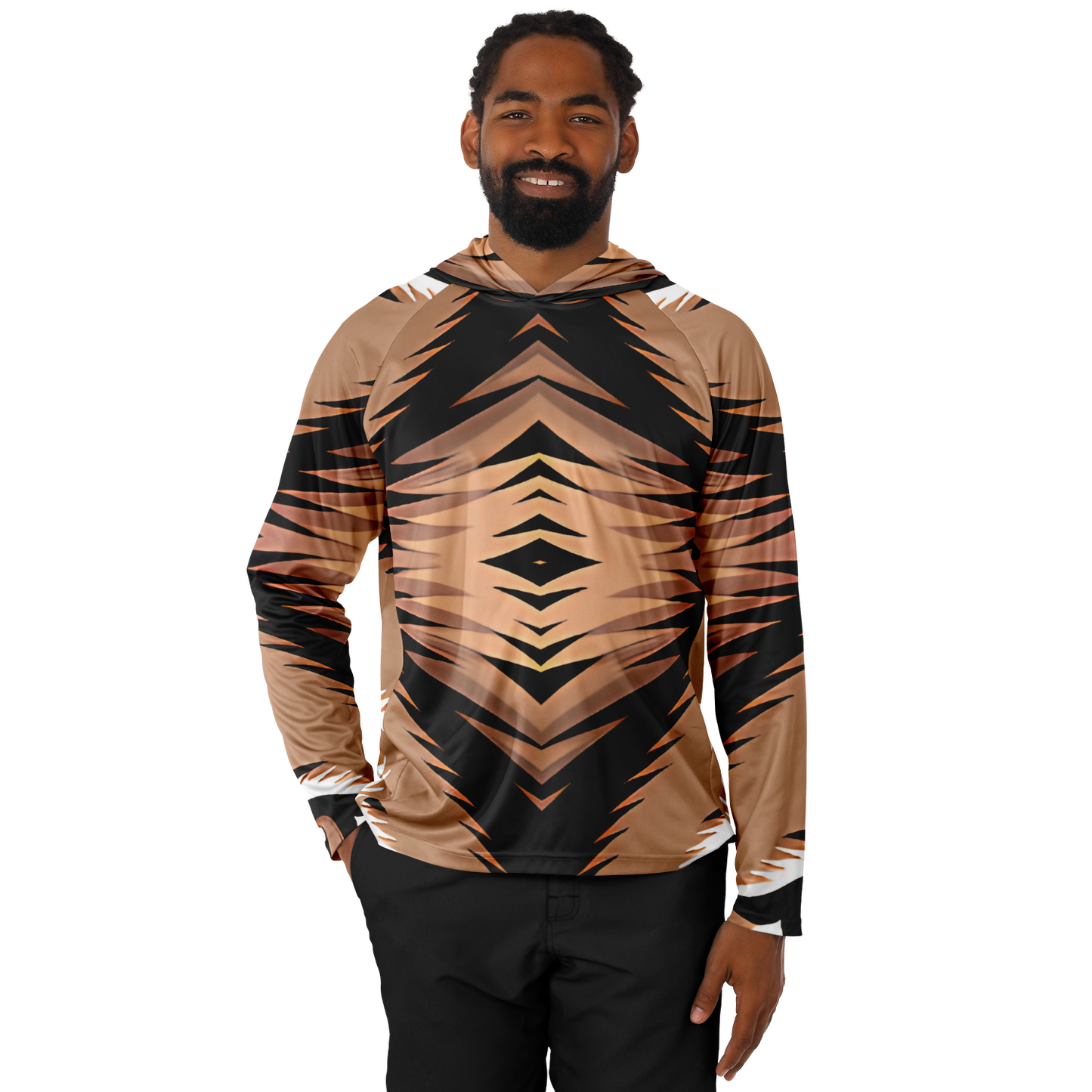 Men’s Bold Tiger Stripe Animal Pattern All Over Print  Long Sleeve Hooded Performance Shirt