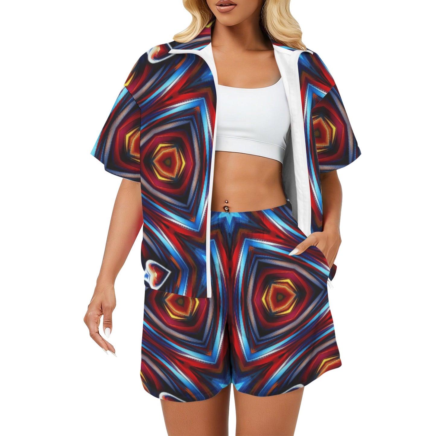 Women's Patriotic Red White Blue Geometric Windbreaker Short Set