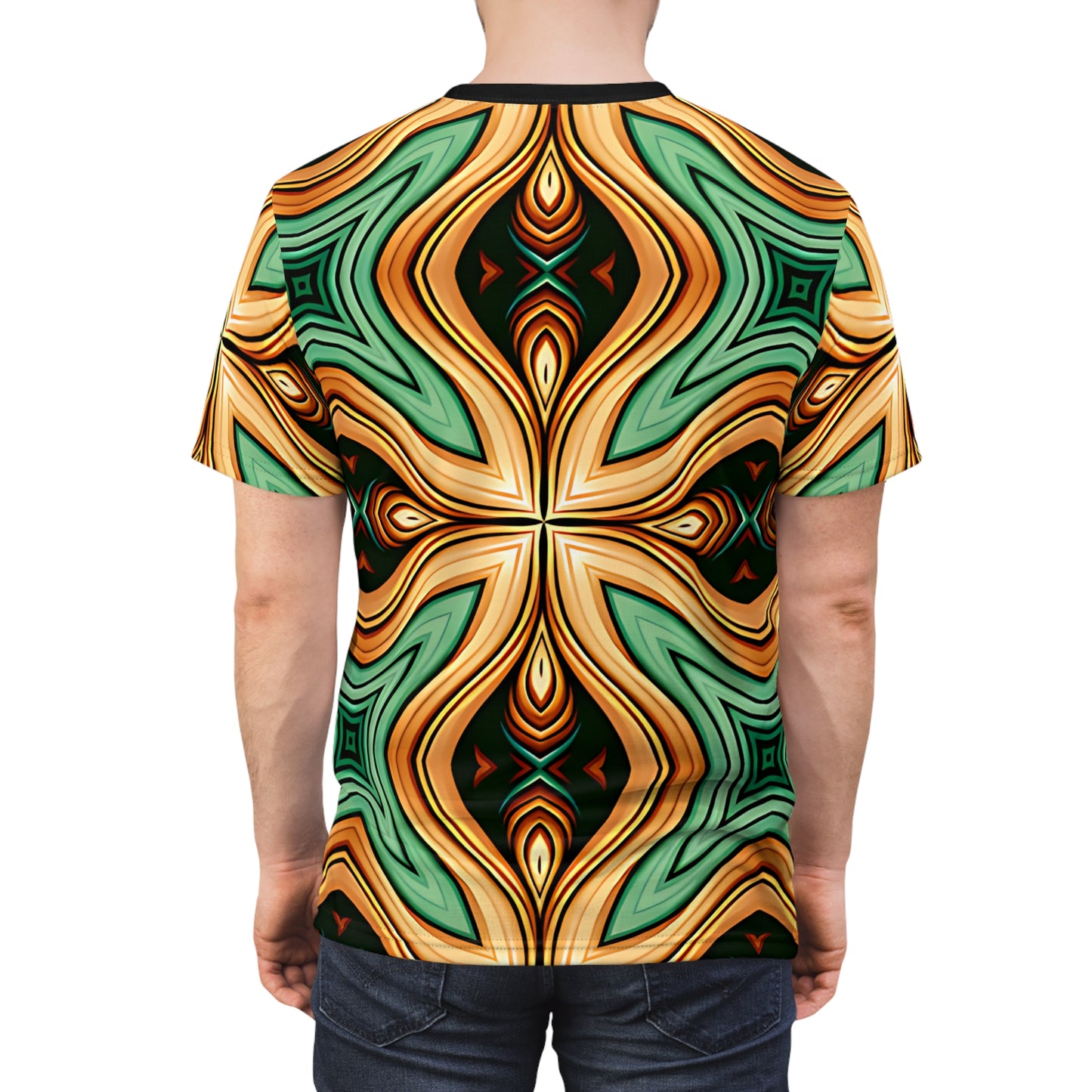 Men's Green & Gold Psychedelic Floral Pattern All-Over Print Tee