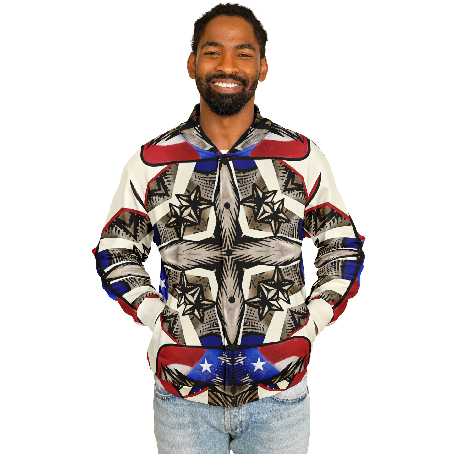 Men's Patriotic Star Kaleidoscope Pattern All-Over Print Baseball Jacket