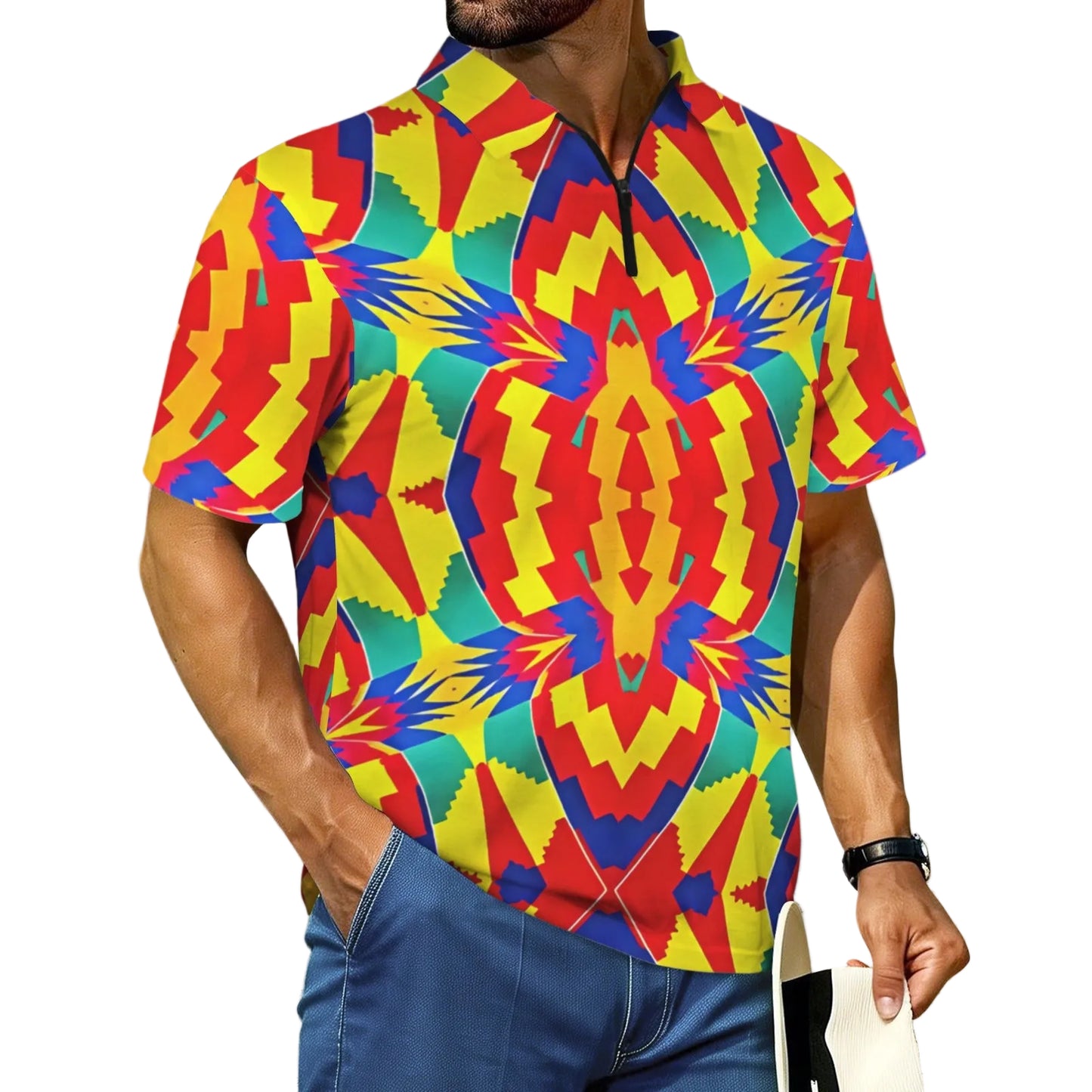 Men's Vibrant African Kente Geometric Pattern All-Over Print Zipper Polo Shirt.
