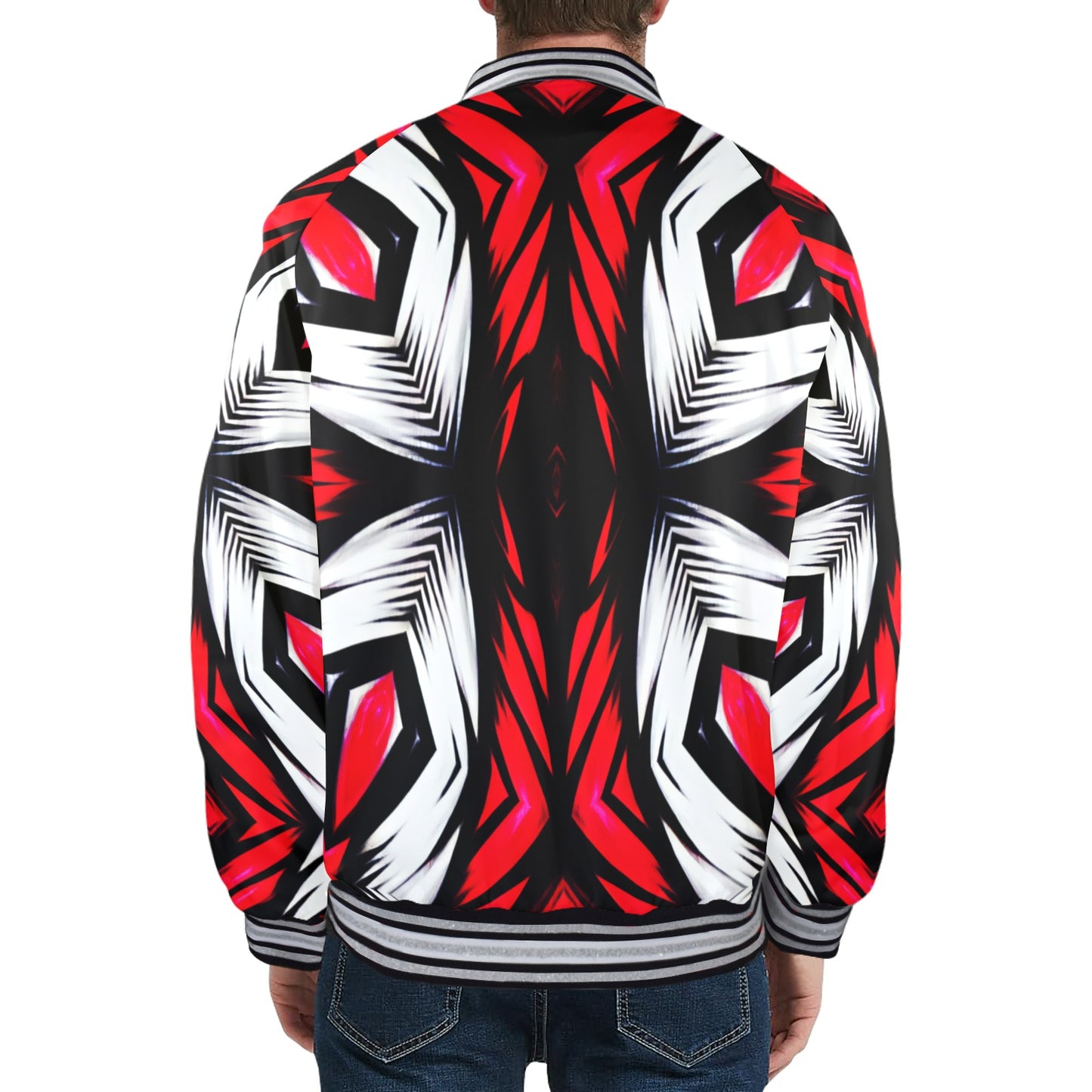 Men's Abstract Red, White & Black Pattern All-Over Print All Over Print Men's Striped Trim Bomber Jacket