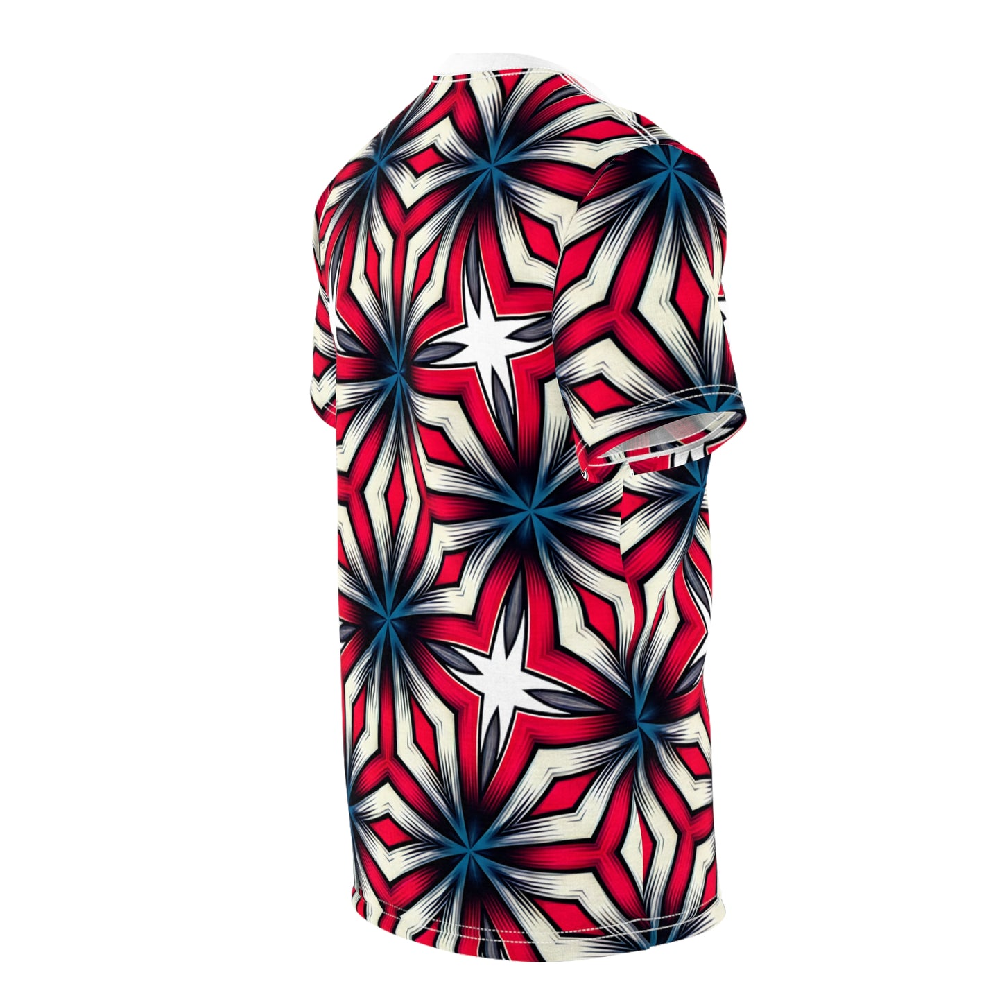 Women's Red, White & Blue Geometric Star Pattern All-Over Print Unisex Cut & Sew Tee