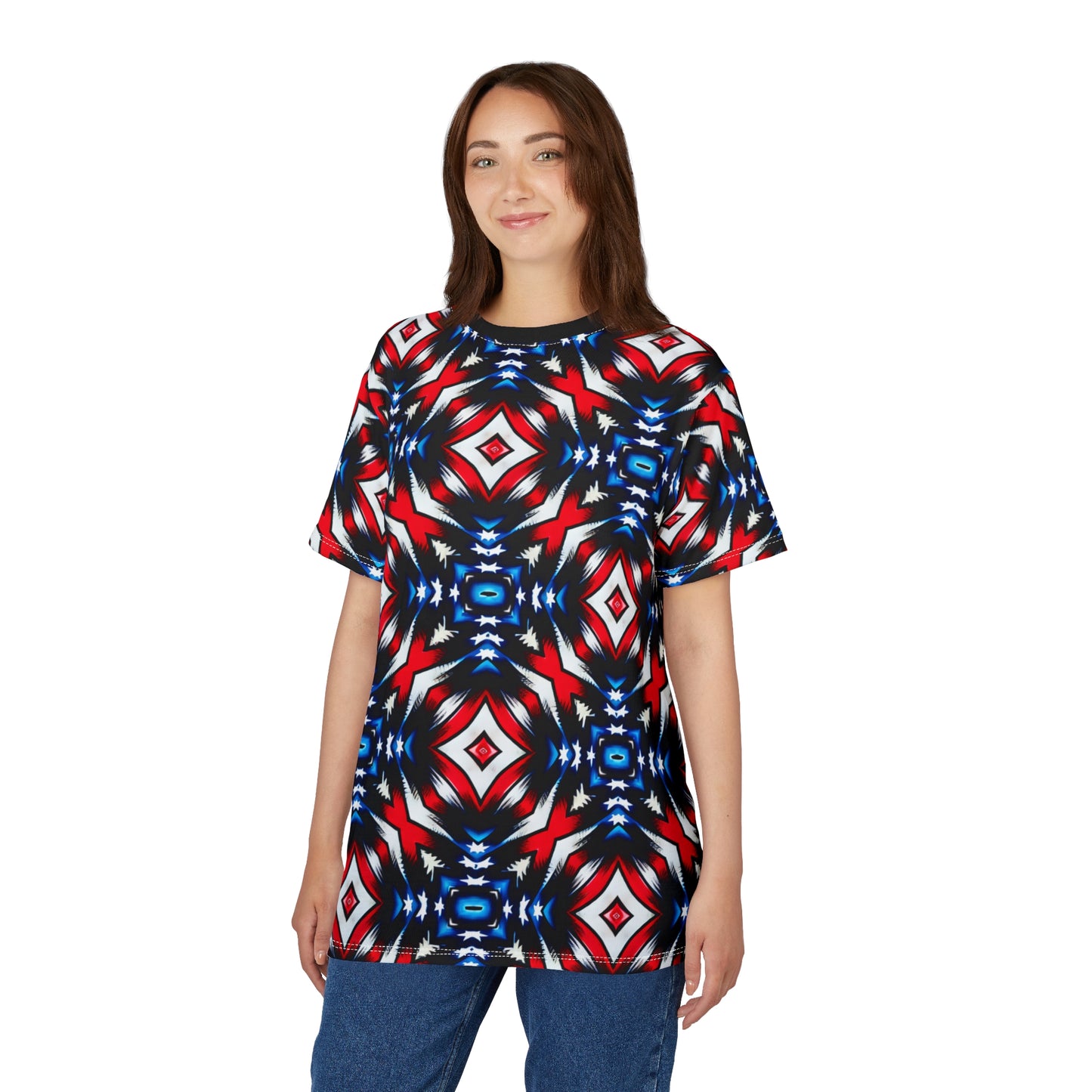 Women's Red White Blue Geometric Pattern All-Over Print Unisex Cut & Sew Tee