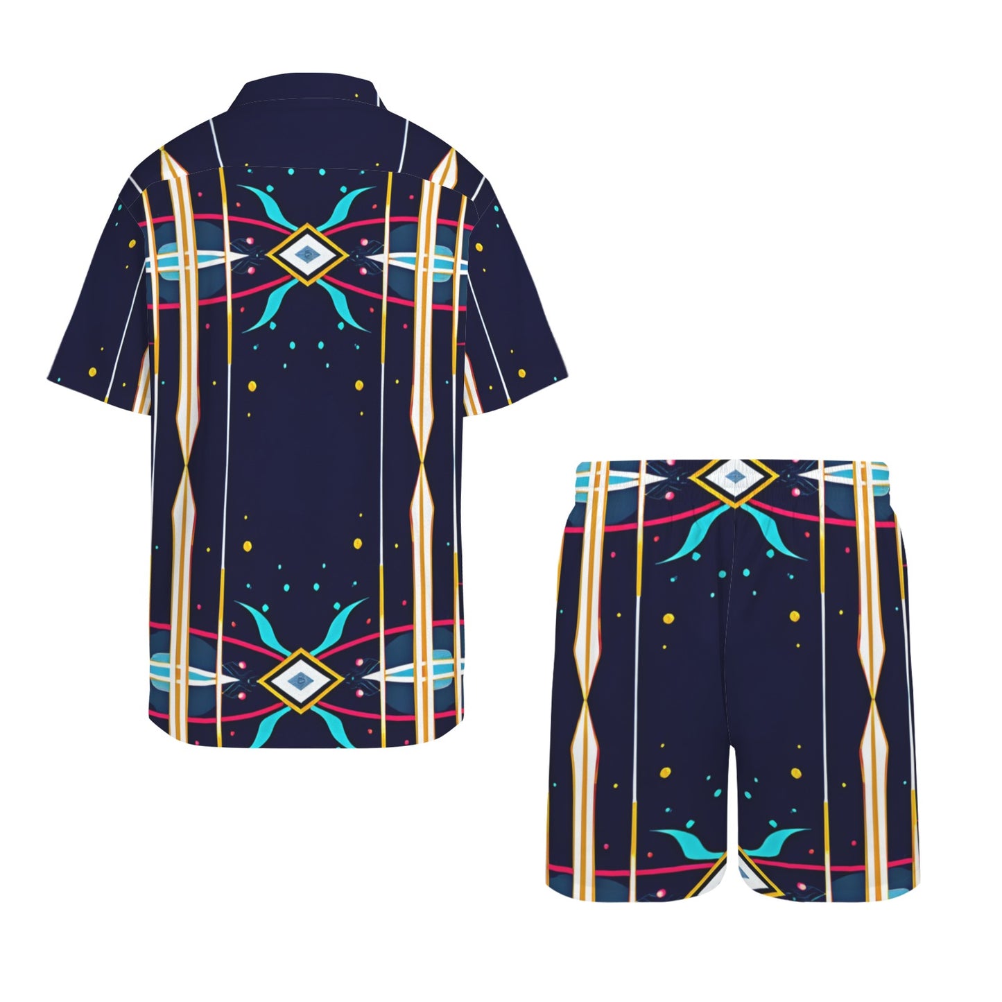Men's Abstract Neon Geometry Pattern All Over Print Hawaiian Shirt & Shorts Set
