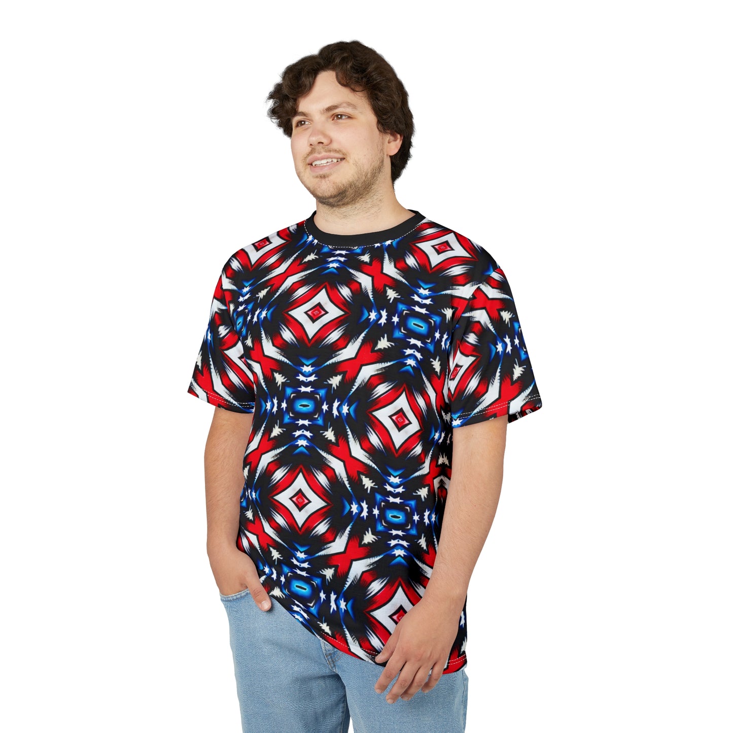 Men's Red White Blue Geometric Pattern All-Over Print Unisex Cut & Sew Tee