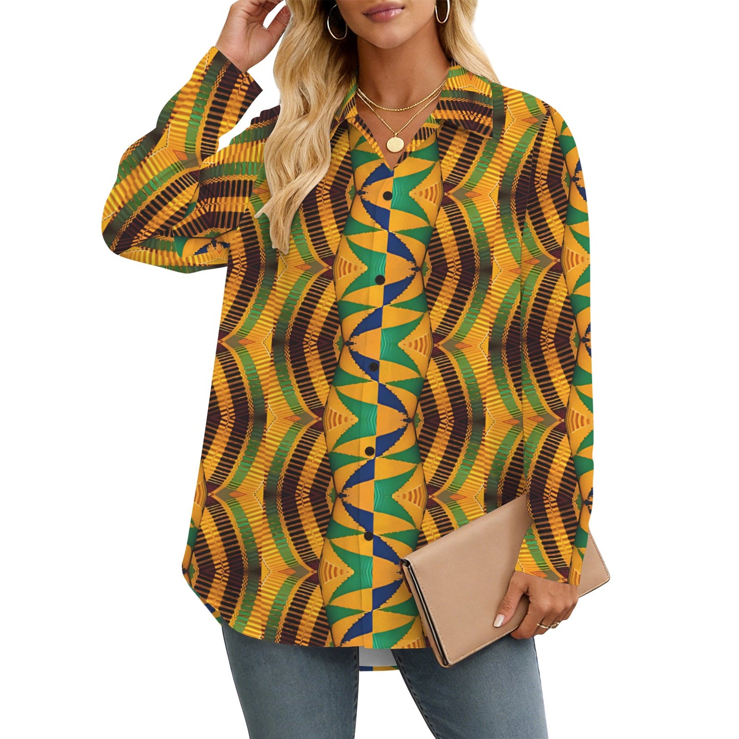 Women's African Kente Kaleidoscope Pattern All-Over Print Long Sleeve Curved Hem Shirt