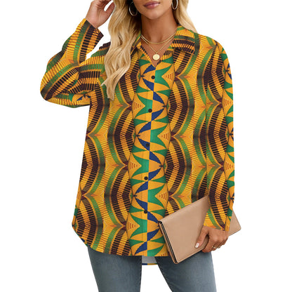 Women's African Kente Kaleidoscope Pattern All-Over Print Long Sleeve Curved Hem Shirt