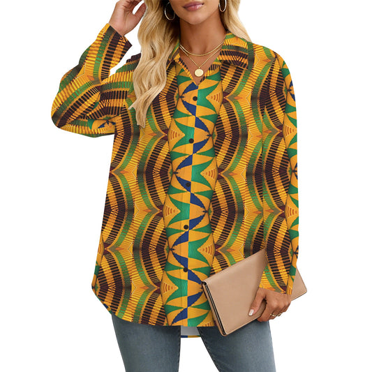 Women's African Kente Kaleidoscope Pattern All-Over Print Long Sleeve Curved Hem Shirt