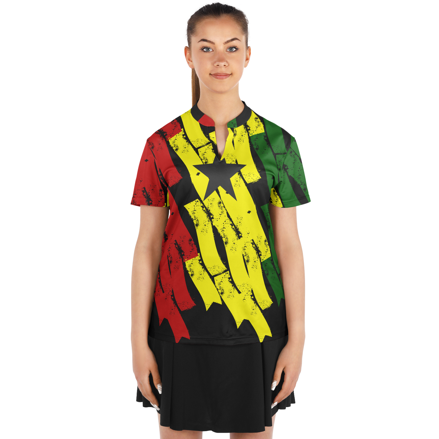 Women's Red Yellow Green Black Stars Polyester Stand Up Collar Polo Shirt
