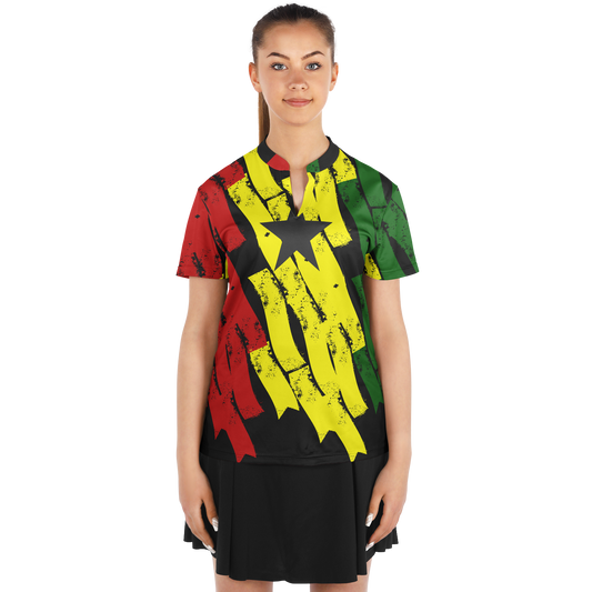 Women's Red Yellow Green Black Stars Polyester Stand Up Collar Polo Shirt