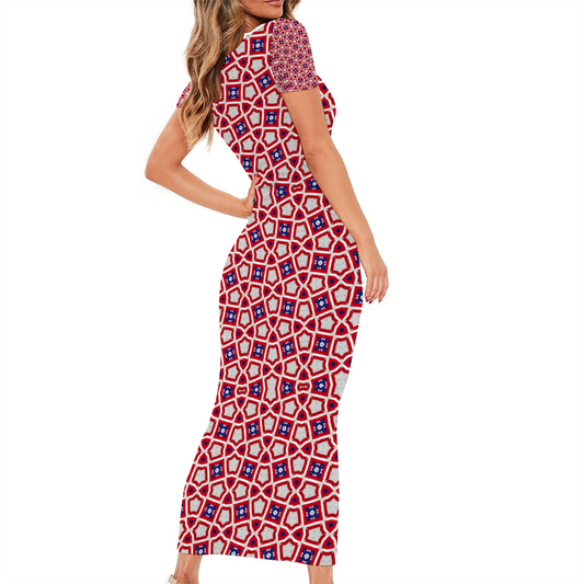 Women's Round Neck Long Dress Short Sleeve Bodycon Pencil Dress