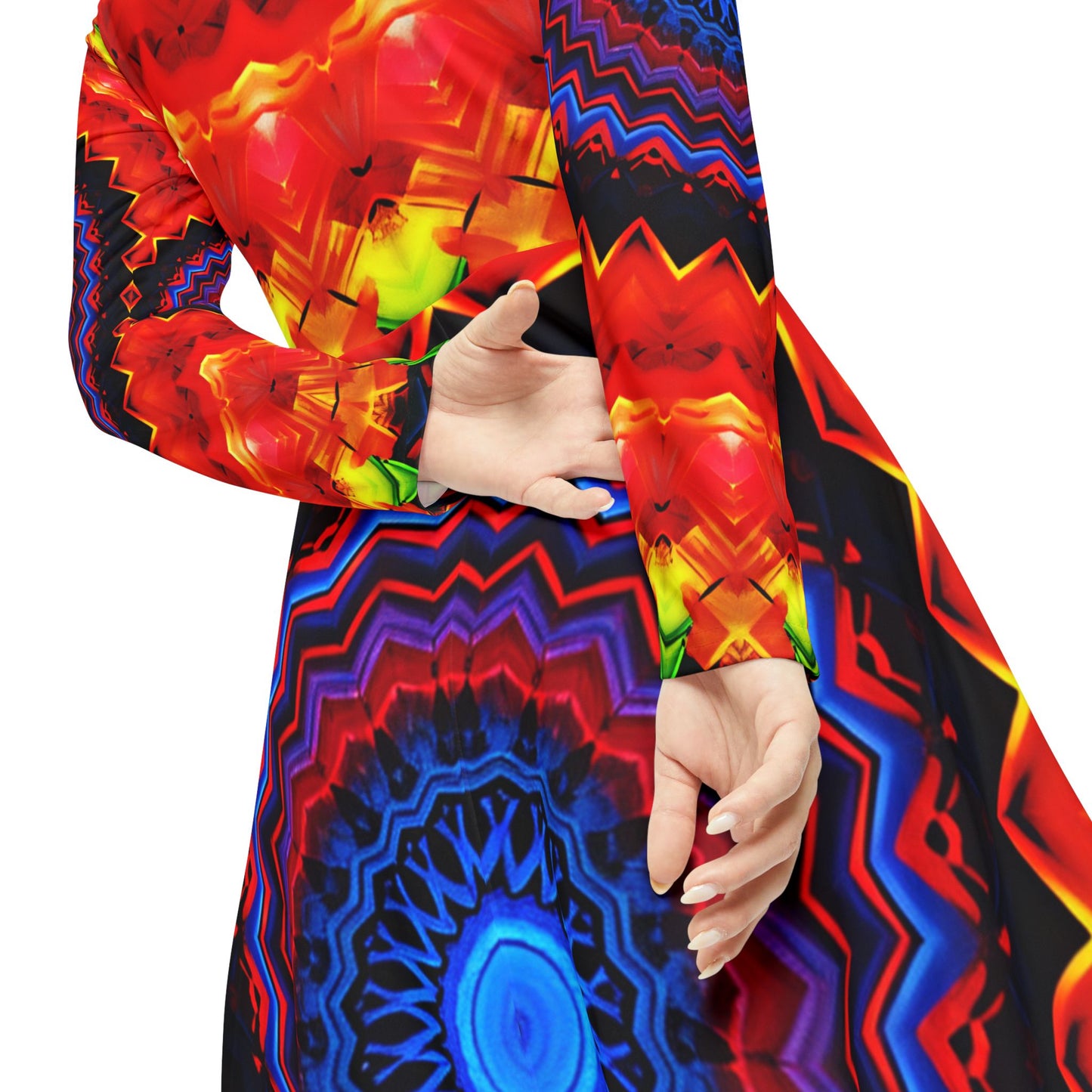 Women's Psychedelic Mandala Long-Sleeve Twirl All-Over Print  Dance Dress