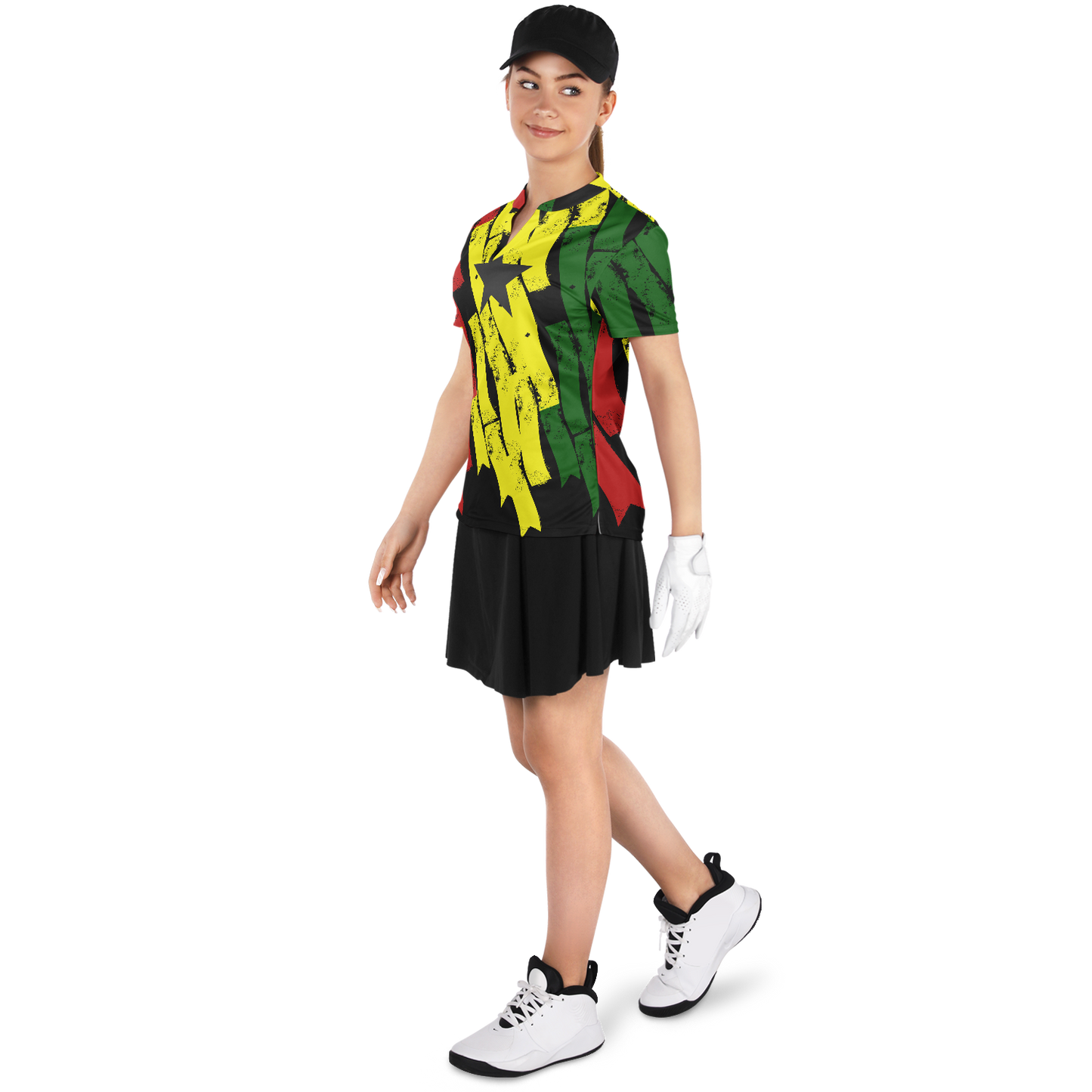 Women's Red Yellow Green Black Stars Polyester Stand Up Collar Polo Shirt