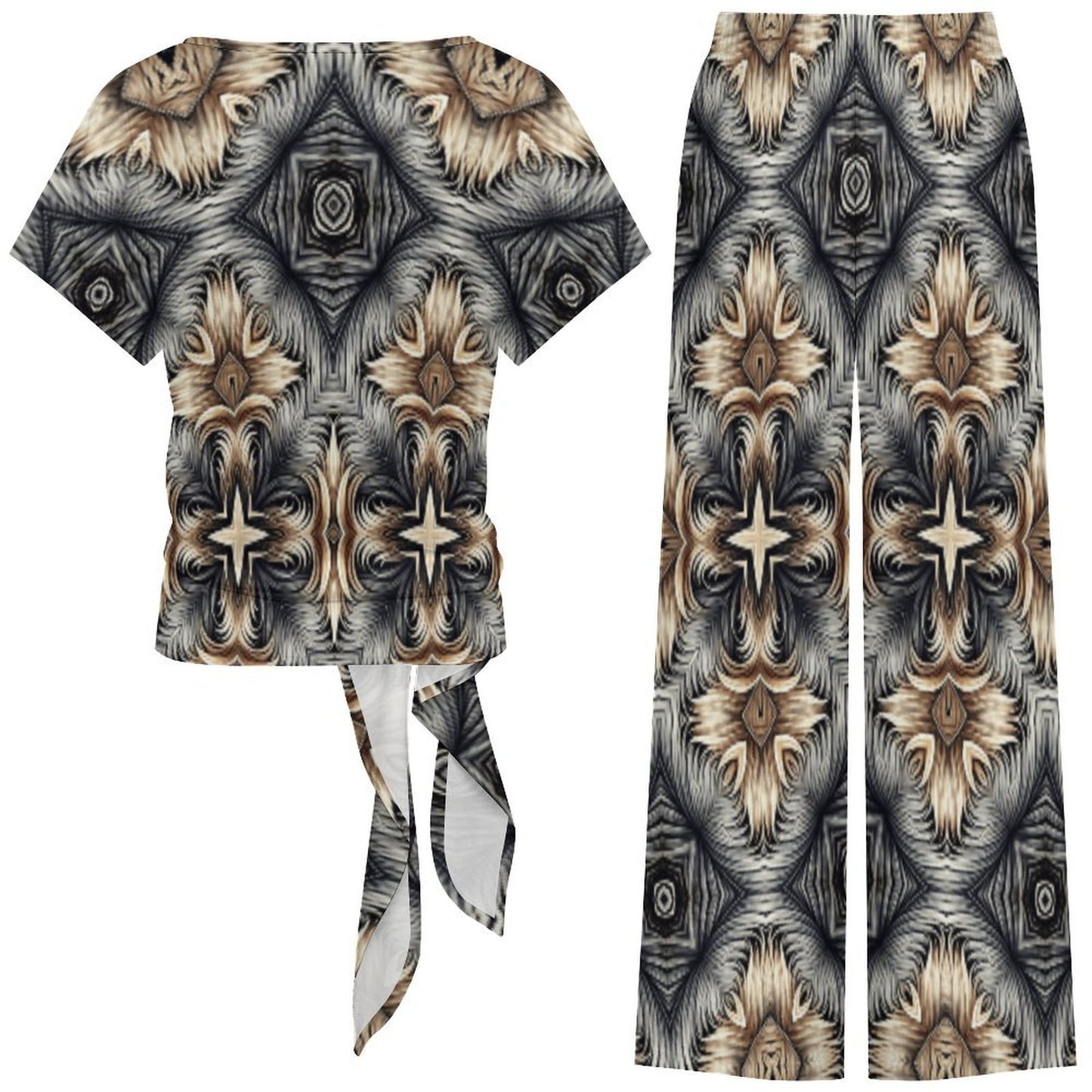 Women's Neutral Geometric Floral Pattern All Over print Side-Tie Short Sleeve Top & Wide-Leg Pants Set