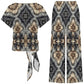Women's Neutral Geometric Floral Pattern All Over print Side-Tie Short Sleeve Top & Wide-Leg Pants Set